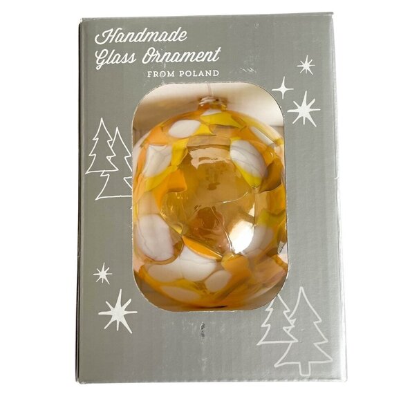 Handmade Polish Mouthblown Glass Ball Christmas Ornament, Poland, Yellow, Orange - Picture 1 of 5